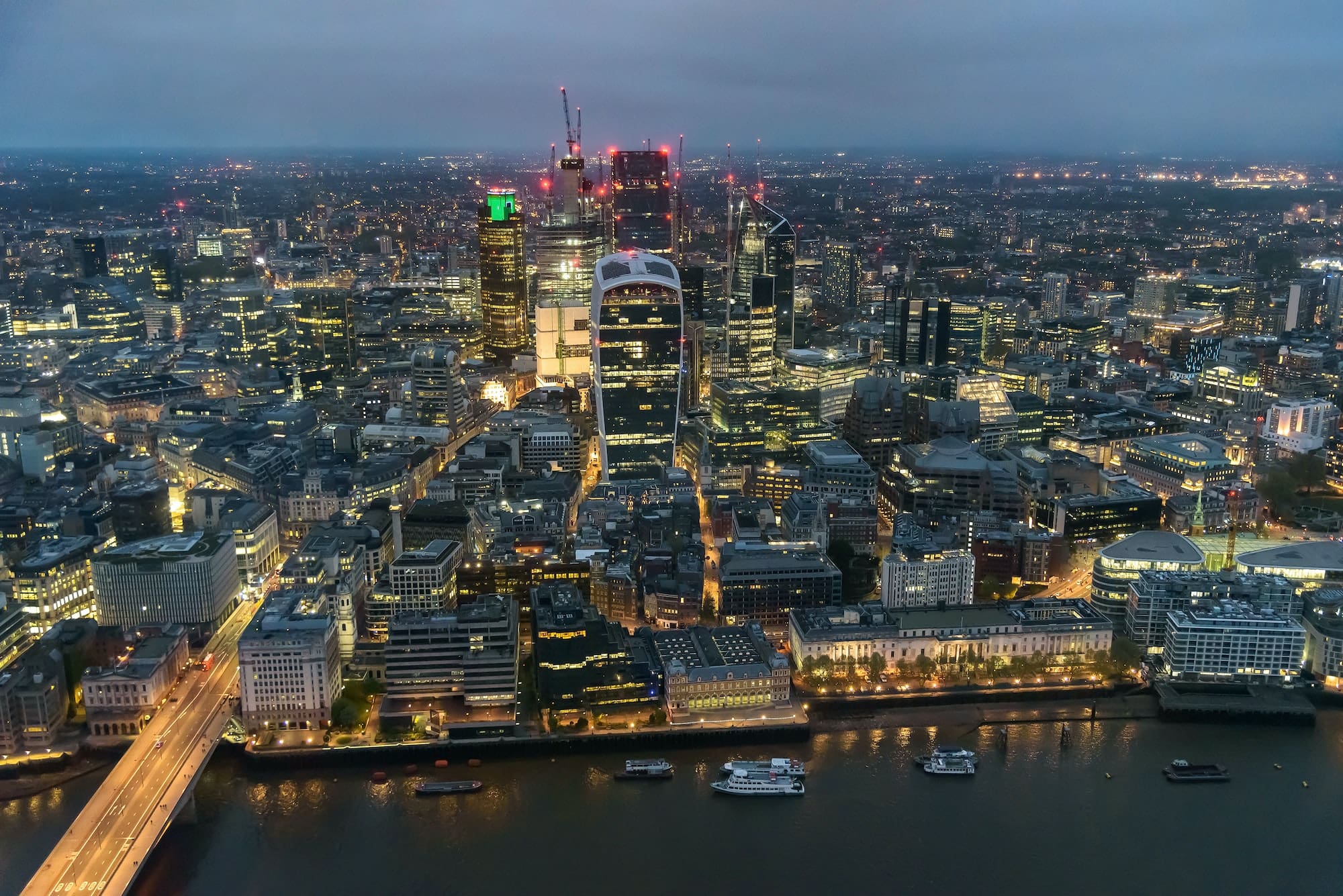 Aerial view of City of London at night